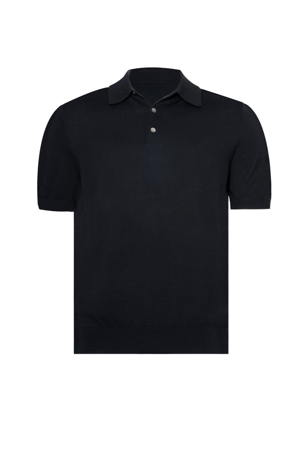 Black Button Polo Cotton Silk